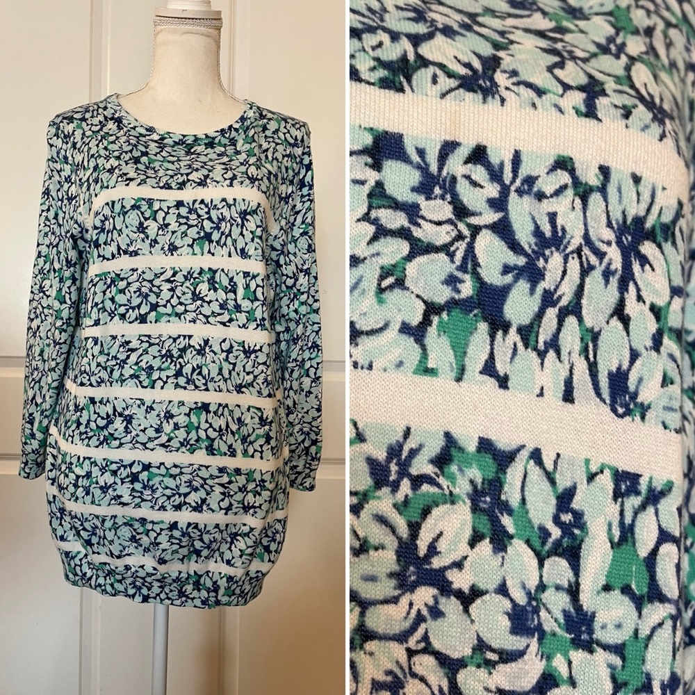 Lands’ End Women's M Tall Supima Cotton Blue Green White Floral Crewneck Sweater